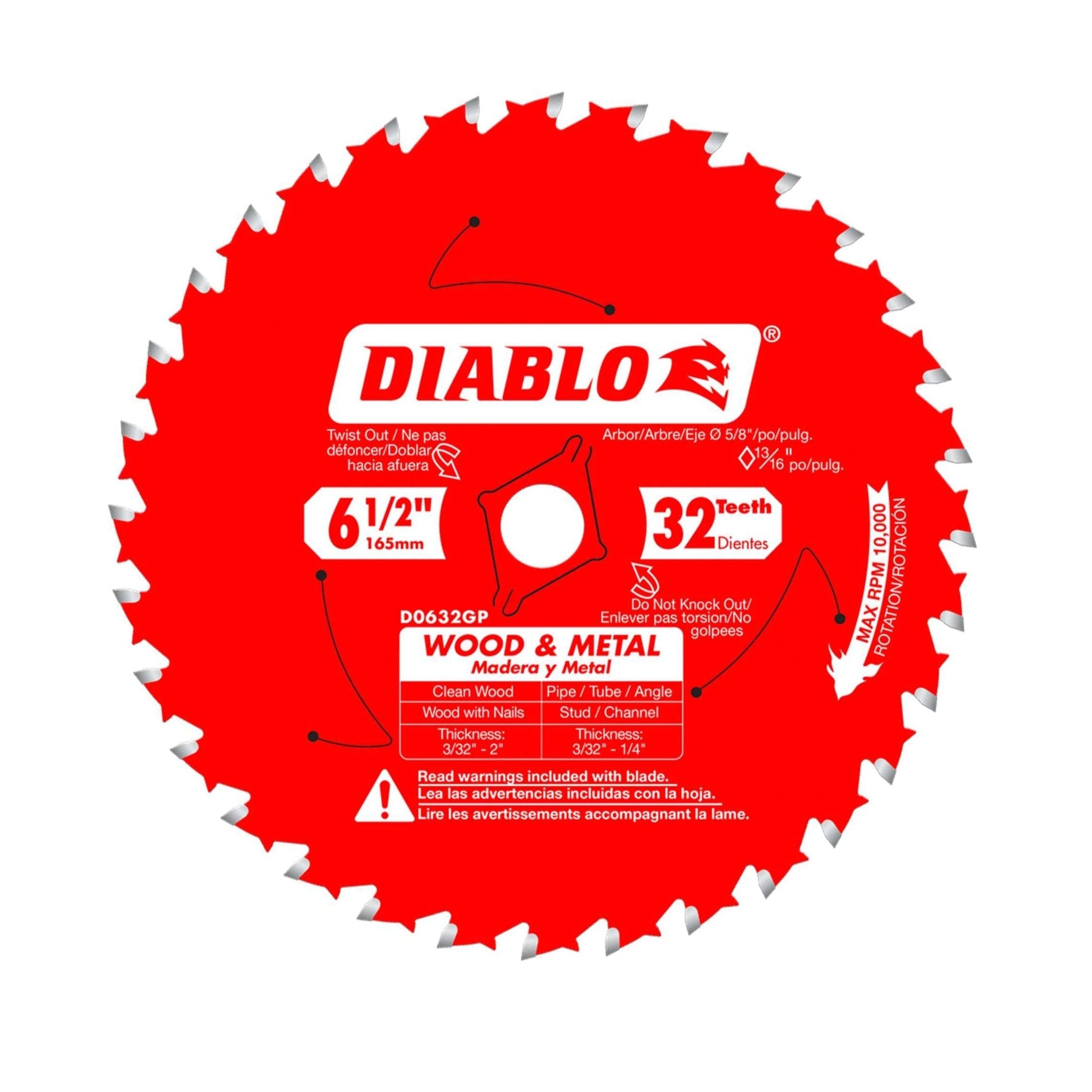 The DIABLO D0632GPA saw blade by Diablo is a red, 6-1/2 in. carbide blade with 32 teeth for cutting wood and metal. Instructions and safety warnings are available in English and Spanish, making it ideal for versatile projects.